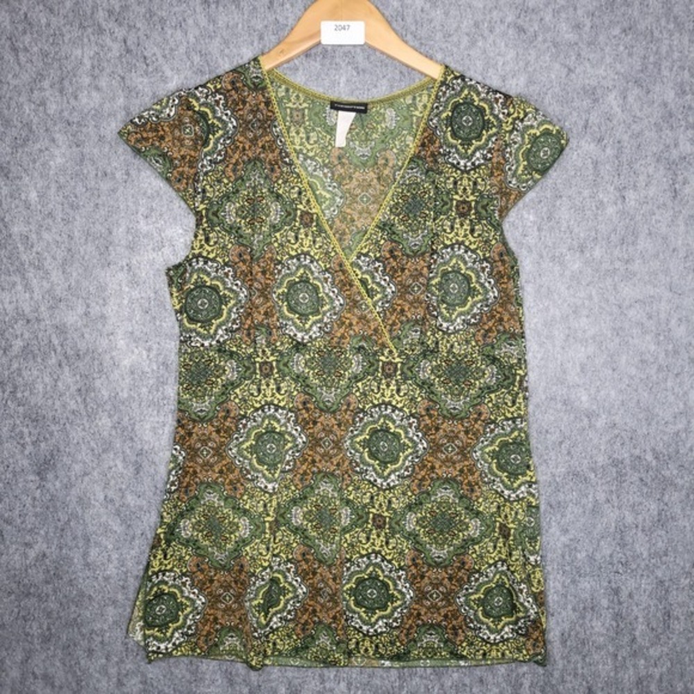 Y2k Babydoll Top Womens Green Brown Geometric Print V‎ Neck Cap Sleeve Size XL